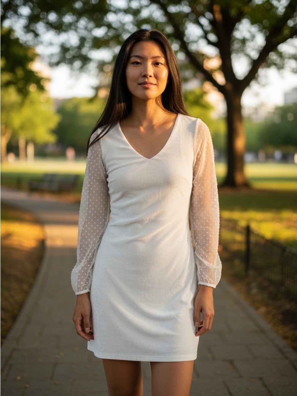 INC International Concepts White Mini Dress with Sheer Polka Dot Sleeves